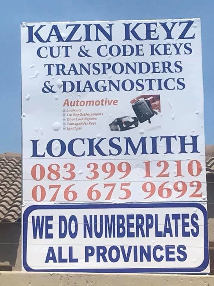 The Kazin Keyz shopfront board listing cut and code keys, transponders, diagnostics and number plates